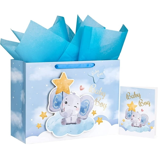 WRAPAHOLIC 16" Extra Large Baby Boy Gift Bag with Card and Tissue Paper