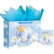 WRAPAHOLIC 16" Extra Large Baby Boy Gift Bag with Card and Tissue Paper - For Baby Shower, New Baby