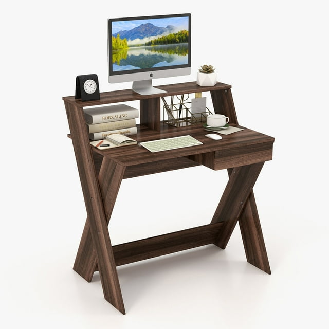 Gymax Bureau d'Ordinateur Table d'Étude et d'Écriture Petit Espace avec Tiroir et Support pour Moniteur Noyer