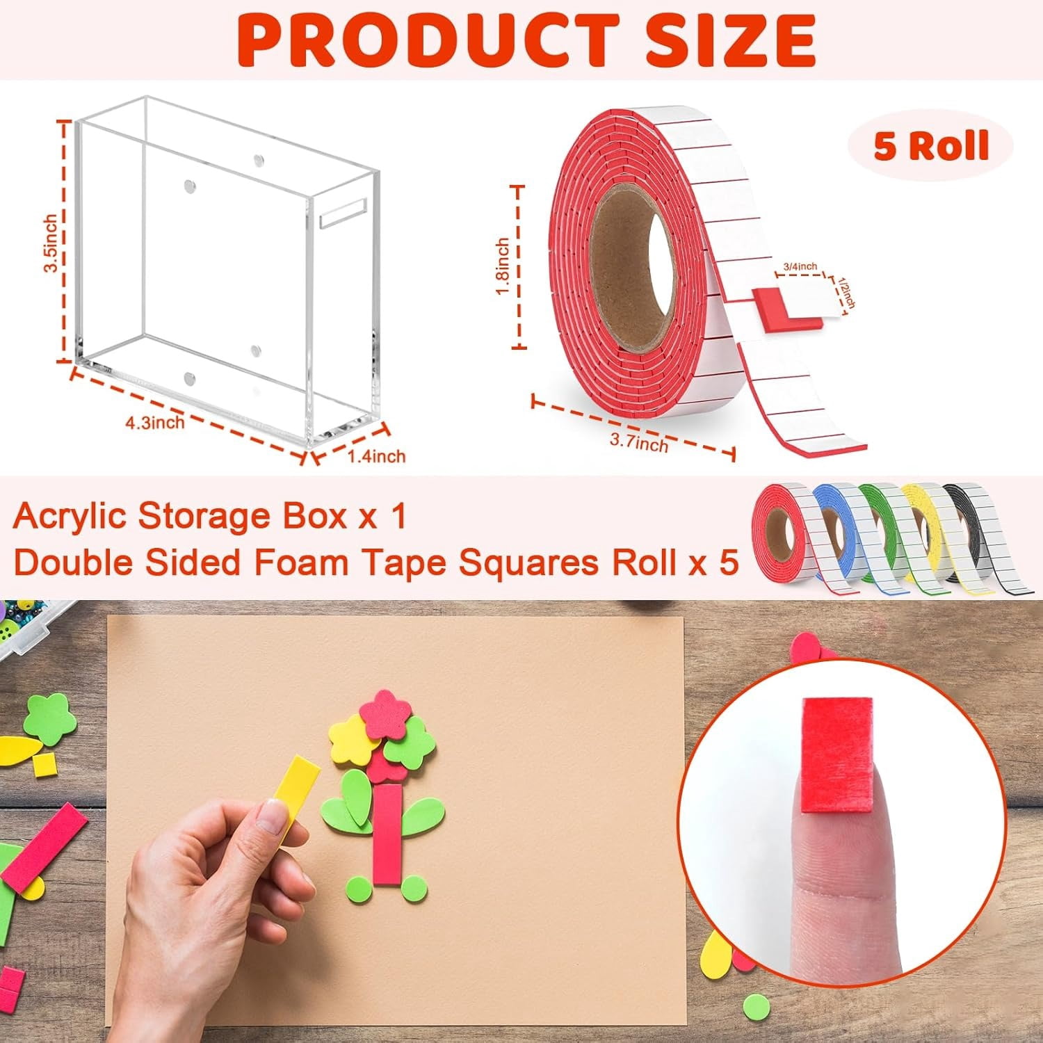 5 Roll Double Sided Foam Tape for Crafts 0.75 x 0.47 Inch Pre-Cut Foam Mounting Tape with 1 Acrylic Storage Box Square Foam Dots Double Sided Adhesive Fit Arts Sewing DIY (5 Roll White+Box)