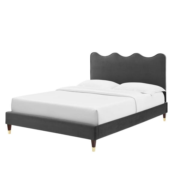 Platform Bed Frame, Twin Size, Charcoal Grey Gray, Velvet, Modern Contemporary, Bedroom Master Guest Suite Room