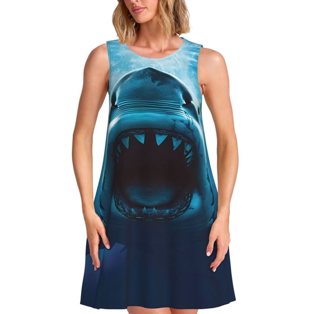 Fotbe Open-Mouthed Shark Vestido de Verano sin Mangas para Mujer – Vestido Midi Línea A, Estilo Camiseta Floral, Vestido Playero Casual y Fluido