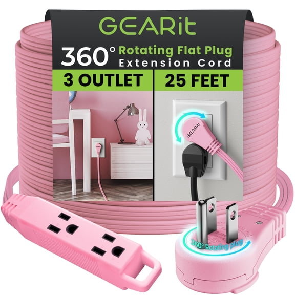 GEARit 360 Rotating Flat Plug Extension Cord with 3 Outlets (25ft, Pink) 16AWG/13A 3 Prong Wire, Outlet Saver for Home Office Dorm Room Essentials, ETL Certified