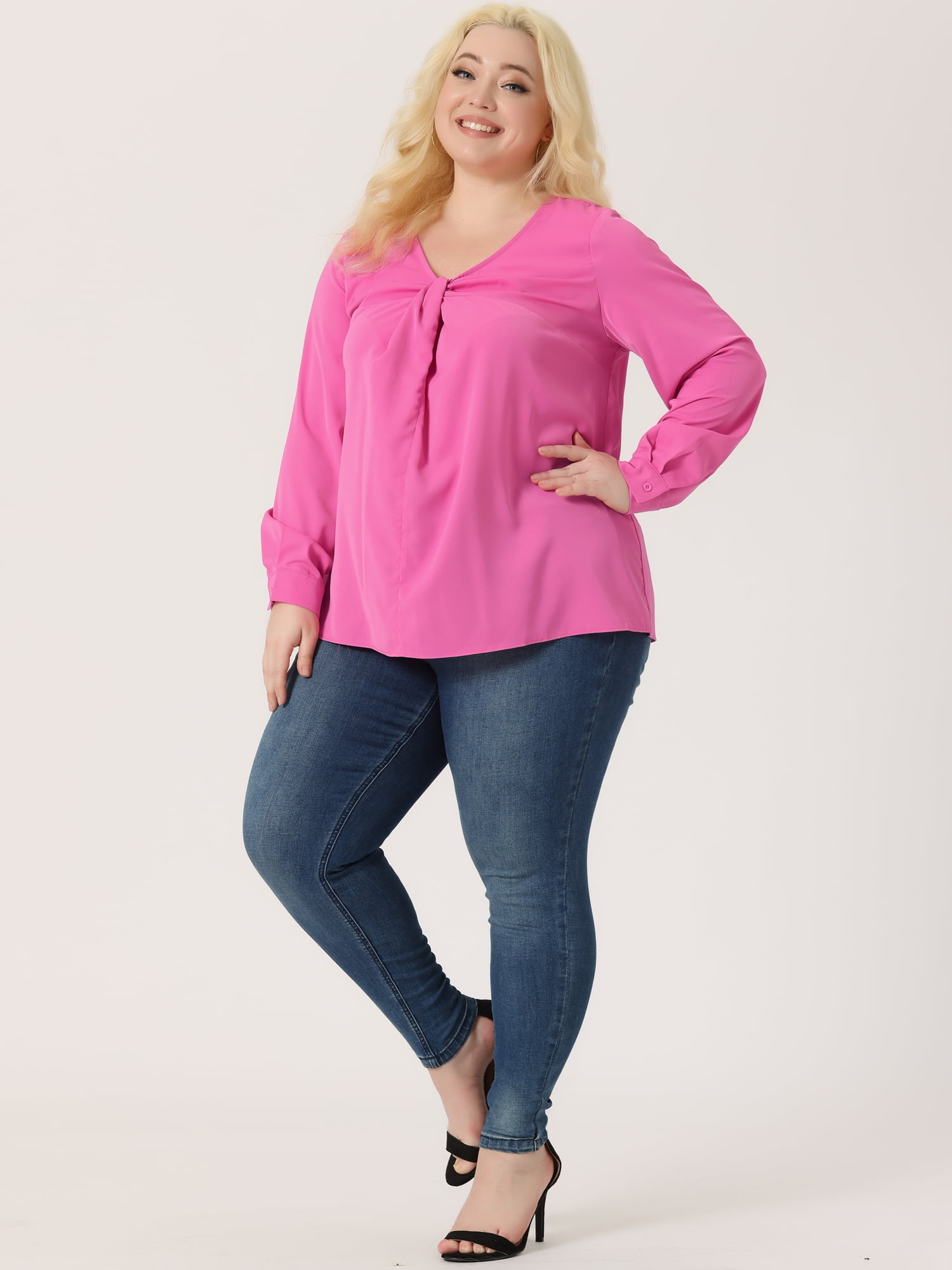 Unique Bargains Women's Plus Size V Neck Loose Long Sleeve Twist Knot Top 1X Hot Pink