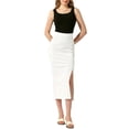 thumbnail image 2 of Falda básica de lápiz midi casual para mujer Inspire Chic, con abertura lateral, de punto acanalado, ajustada, color blanco, talla M, 2 of 6