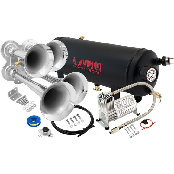 Vixen Horns Train Horn Kit for Trucks/Car/Semi. Complete Onboard System- 150psi Air Compressor, 1.5 Gallon Tank, 4 Trumpets. Super Loud dB. Fits Vehicles like Pickup/Jeep/RV/SUV 12v VXO8715/4114