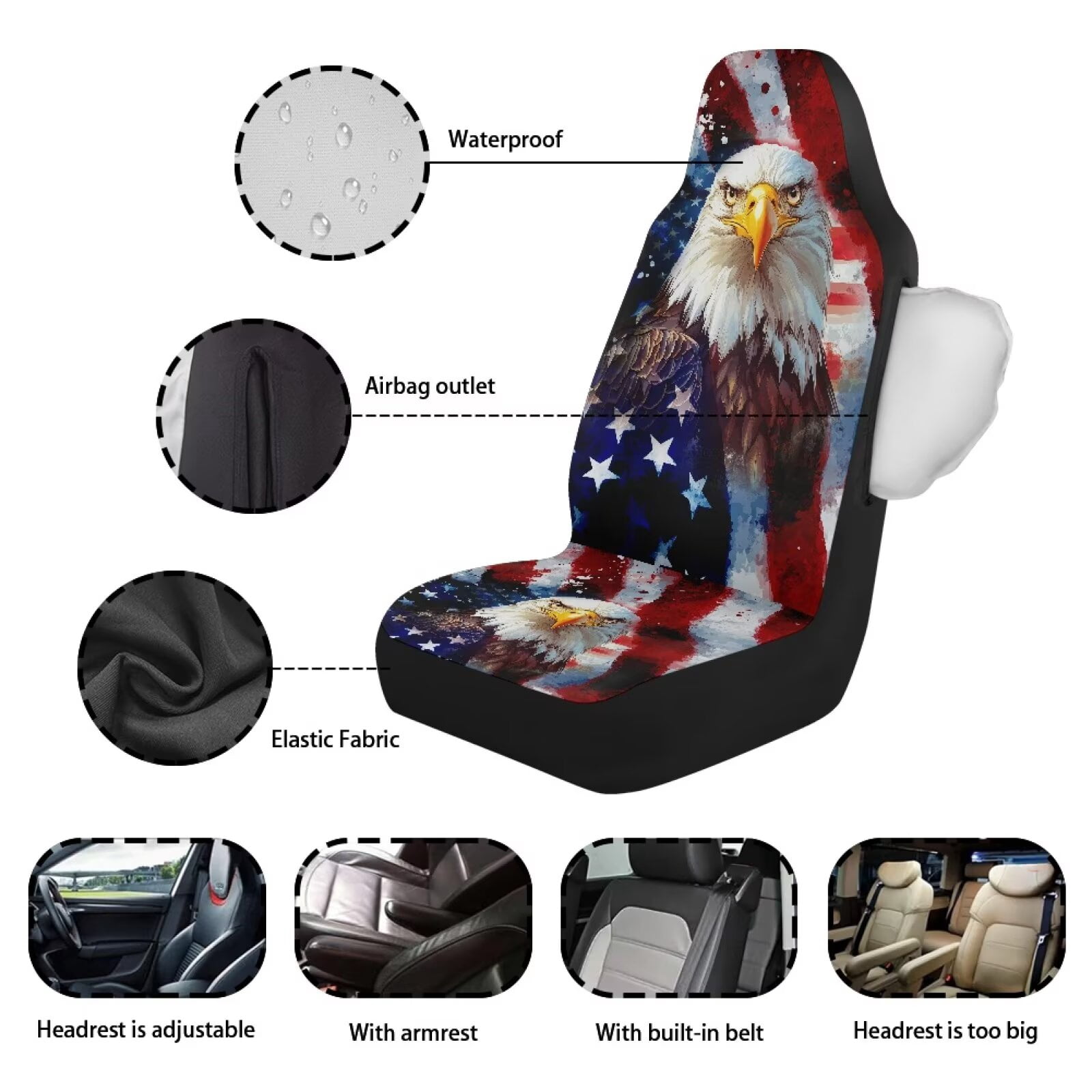 Binienty Eagle American Flag Car Seat Covers Front Seats Airbag Safe Side Airbag Compatible Car Seat Cover Protector Patriotic Auto Accessories for Cars SUV Truck Van