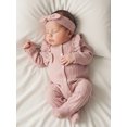 thumbnail image 3 of Cjfdfy Newborn Baby Girl Footed Romper Fall Winter Outfits Solid Color Bow Ruffled Long Sleeve Jumpsuit with Bow Headband cute Knit Ruffle Button Romper 0-9 Months, 3 of 9