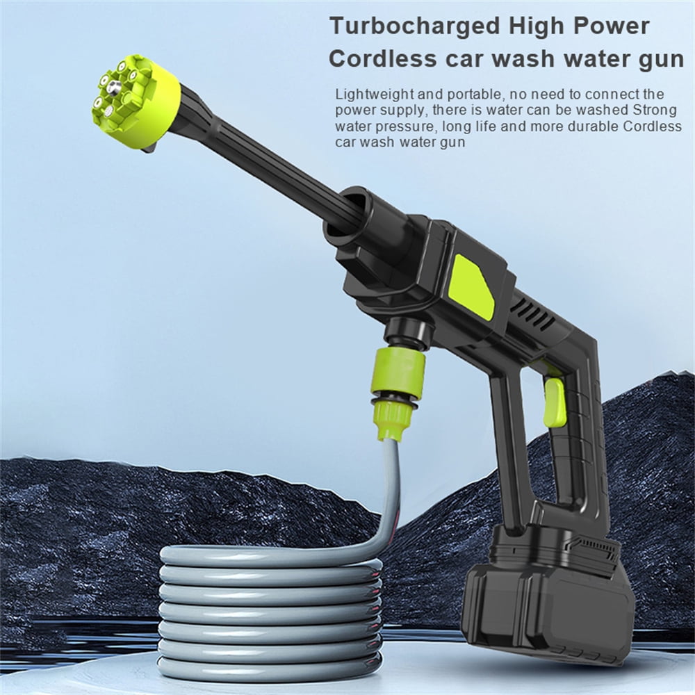 Jercoda Wireless High Pressure Car Wash, 30 Bar Washer with 6 IN 1 Nozzle and 5M Water Pipe, Portable Washer Machine with 3000mAh Battery, Green