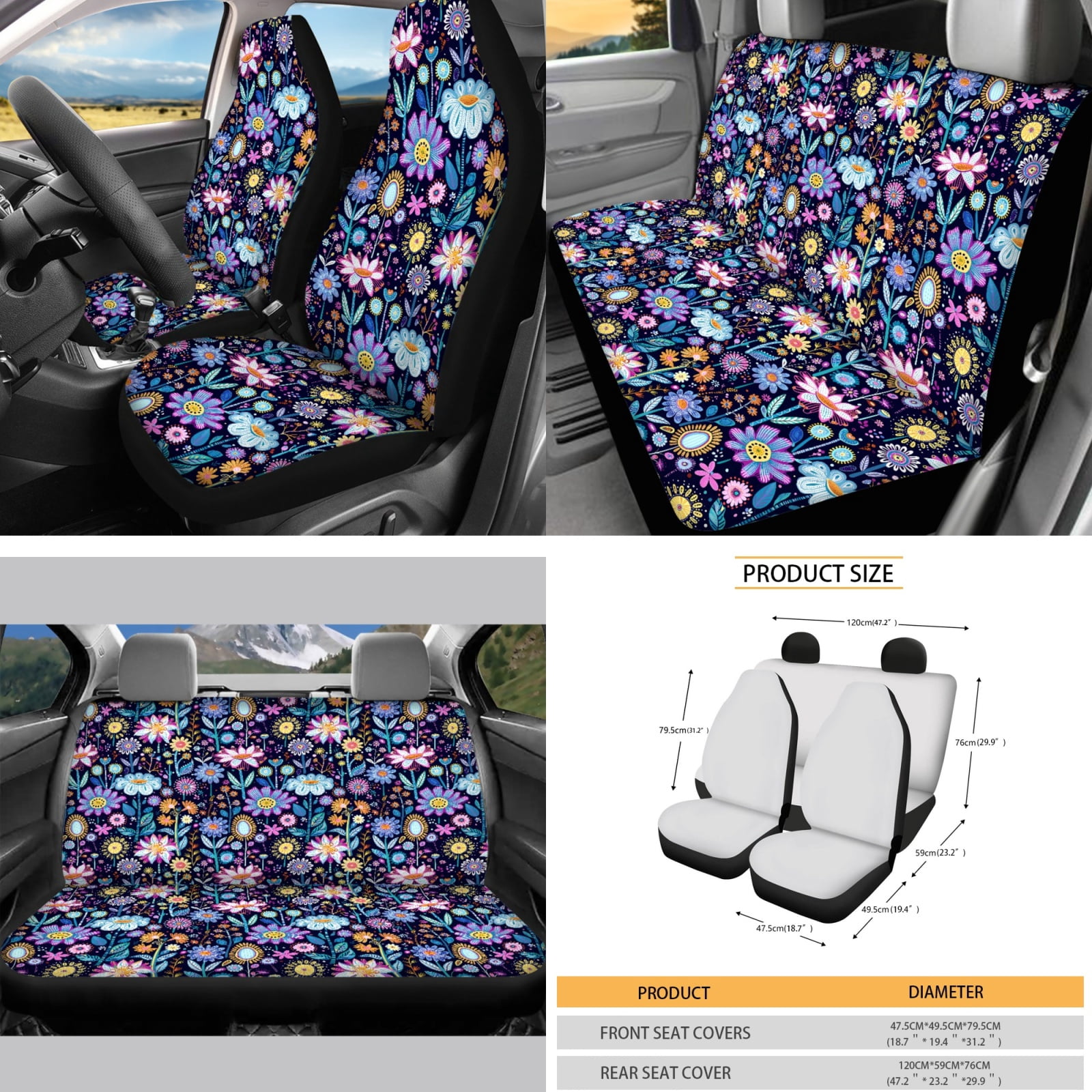 Yuyamidu Colorful Flower Car Seat Covers Full Set of 16 Car Windshield Sun Shade Gear Shift Cover Hand Brake Cover Steering Wheel Cover Seat Belt Pads Rearview Mirror Cover Cup Holders Keychain