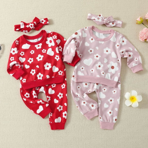 ibiyuan Toddler Girl Clothes 3T Toddler Girls Valentine's Day Heart Print Outfit Long Sleeve Crew Neck Pullover Tops Pants Casual Toddler Play Set,3-6 Months