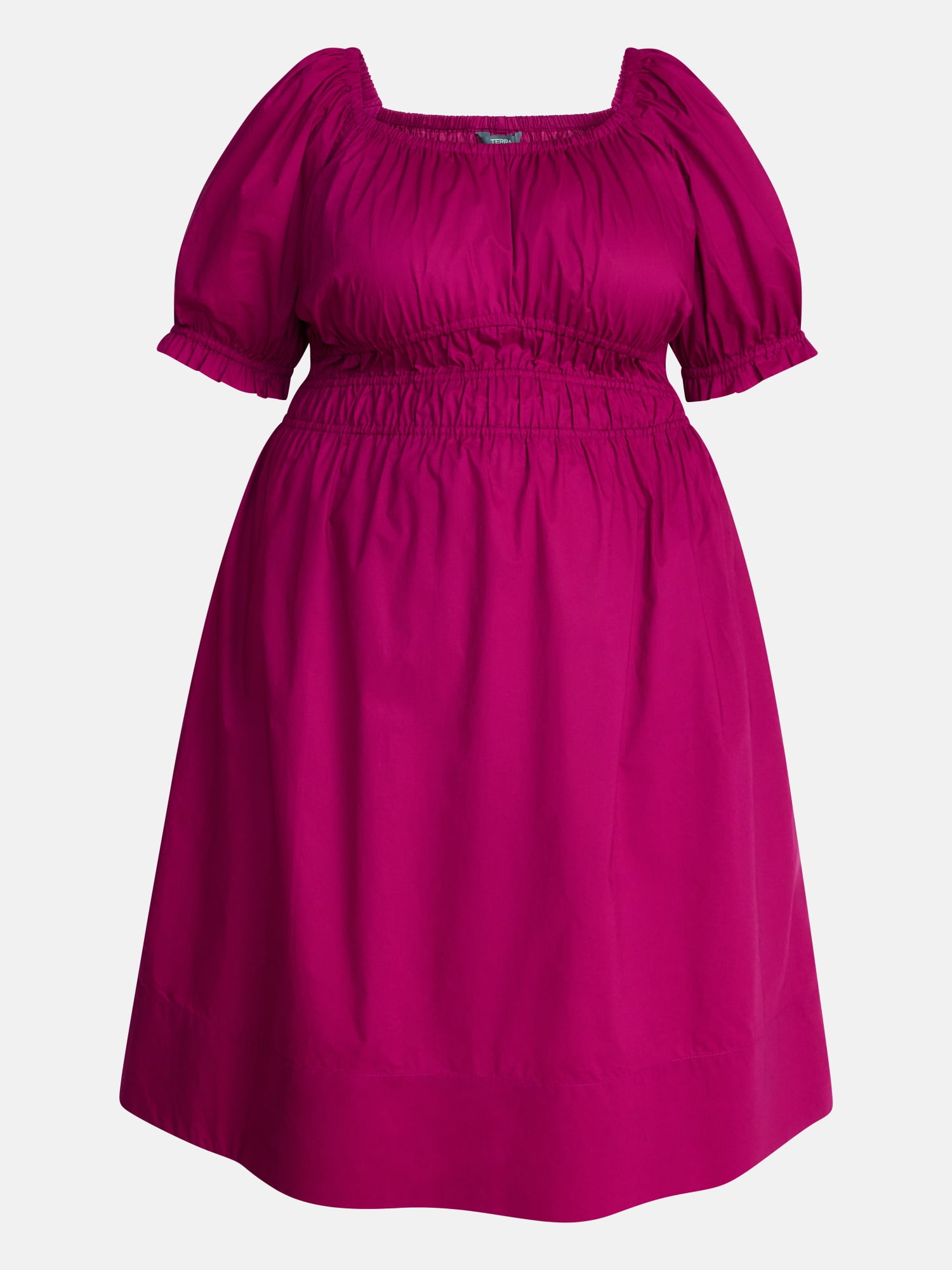 Terra & Sky Women's Plus Smocked Cotton Midi Dress with Short Puff Sleeves, Sizes- 0X-5X
