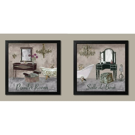 Vintage French Inspired Powder Room and Salle de Bain Bath Settings; Two 12x12in Black Framed Prints; Ready to hang!