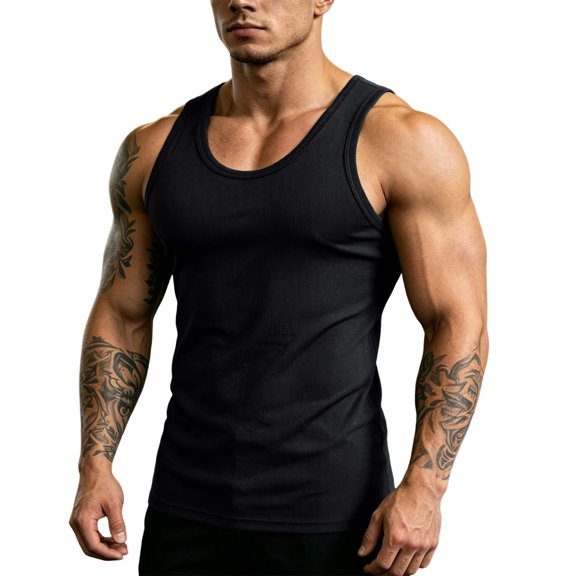 BVnarty Men Classic U-Neck Thick Ribbed Y-Back Tank Top, Stretch Sweat Wicking Bodybuilding Gym Compression Sleeveless Base Layer Shirt Black L