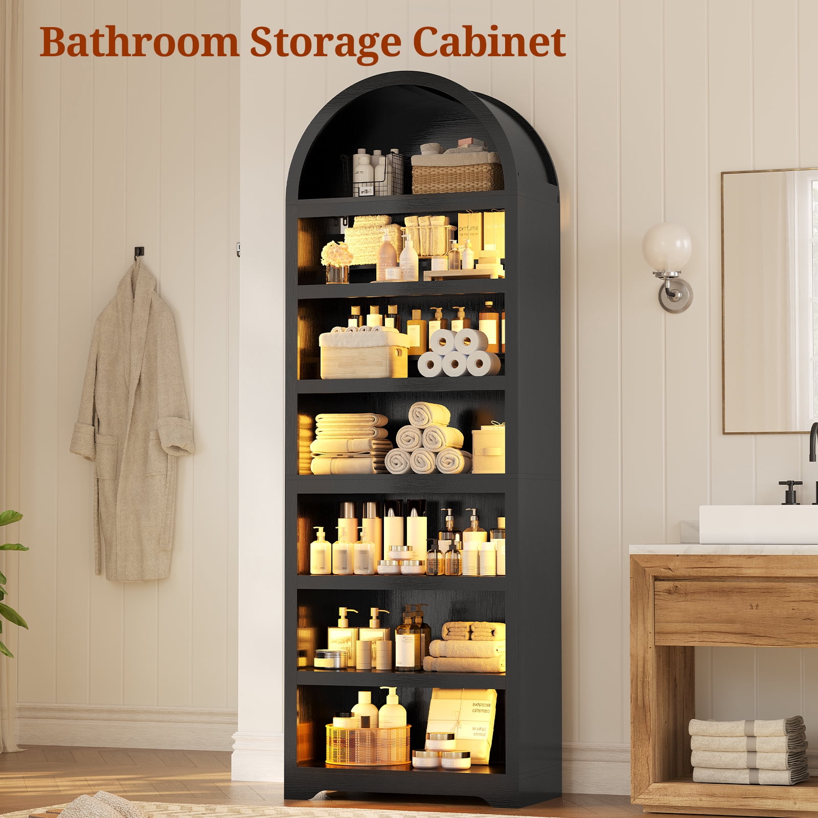 79.4" Tall Arched Cabinet, Modern 7-Tier Bookshelf with RGB Light and Adjustable Shelf for Living Room, Kitchen, Home Office, Black