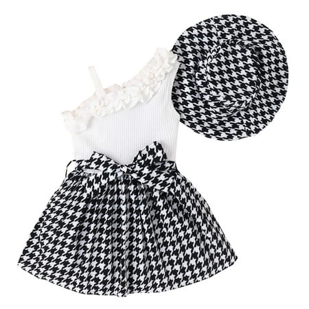 

YDOJG Dresses for Girls Kids Winter Sleeveless Ruffles Sleeveless Pink Plaid Princess Dress With Belt Hat 3Pcs Sets Black 6-7 Years