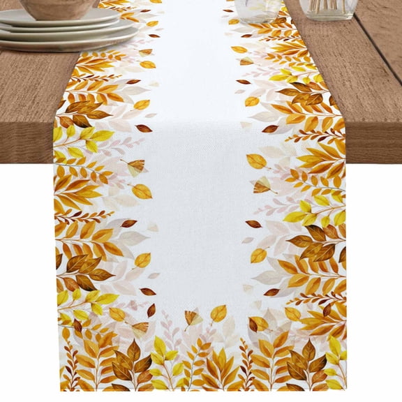 nqOlkjepod Yellow Leaf Table Runner 120 Inches Long Farmhouse Dress Scarves, Fall Plant Country Vintage Watercolor White Dining Tablerunner for Coffee Table/Kitchen Island/Party Décor, 13" x 120"