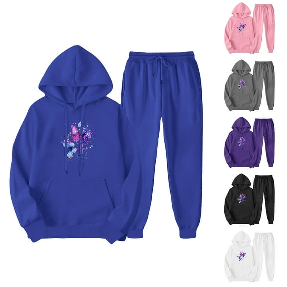 USSUMA Sweat Suit Set Hoodie for Women Long Sleeved Pullover Sweatpant Outfits Pocket Drawstring Print Tracksuit Elastic Waist Fashion Jogger Sets Plus Size Daily Sports Fall Suit