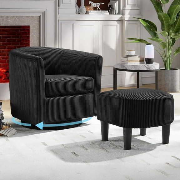 Swivel Accent Chair with Ottoman, Modern Upholstered Tufted Armchairs with Footstool, 360 Degree Swivel Barrel Sofa Chair, Corduroy Round Tub Sofa Chair with Foot Rest for Living Room