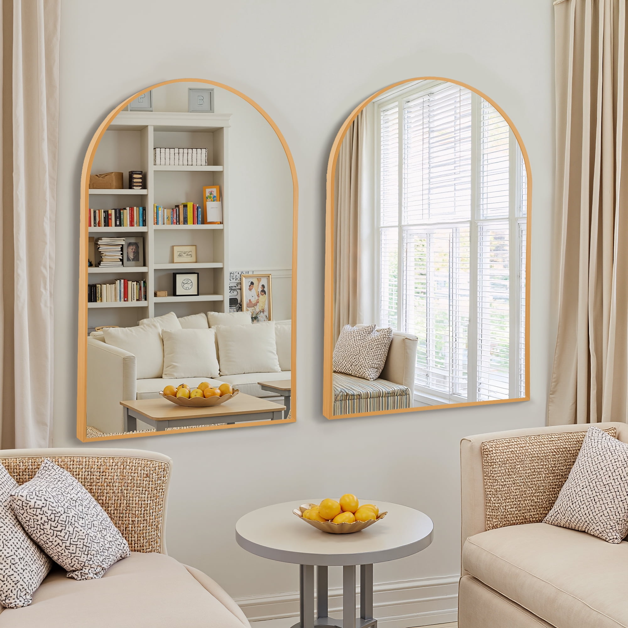 MAYEERTY 36"×24" Gold Aluminum Slim-Frame Arched Wall Mirror Lightweight, Easy Installation for Any Room