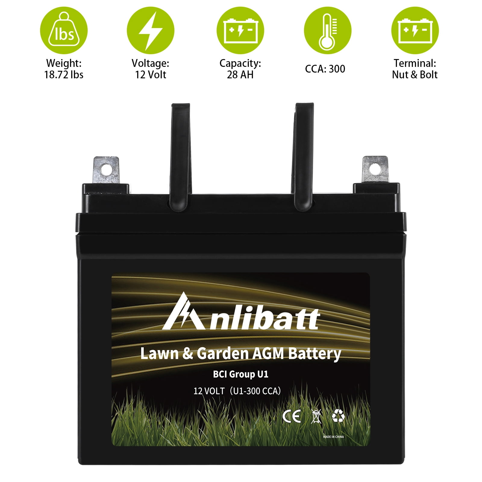 Anlibatt Lawn and Garden AGM Battery, Group Size U1 12 Volt, 300 CCA 28 Amp, Top Post for Lawn Mower/Tractor