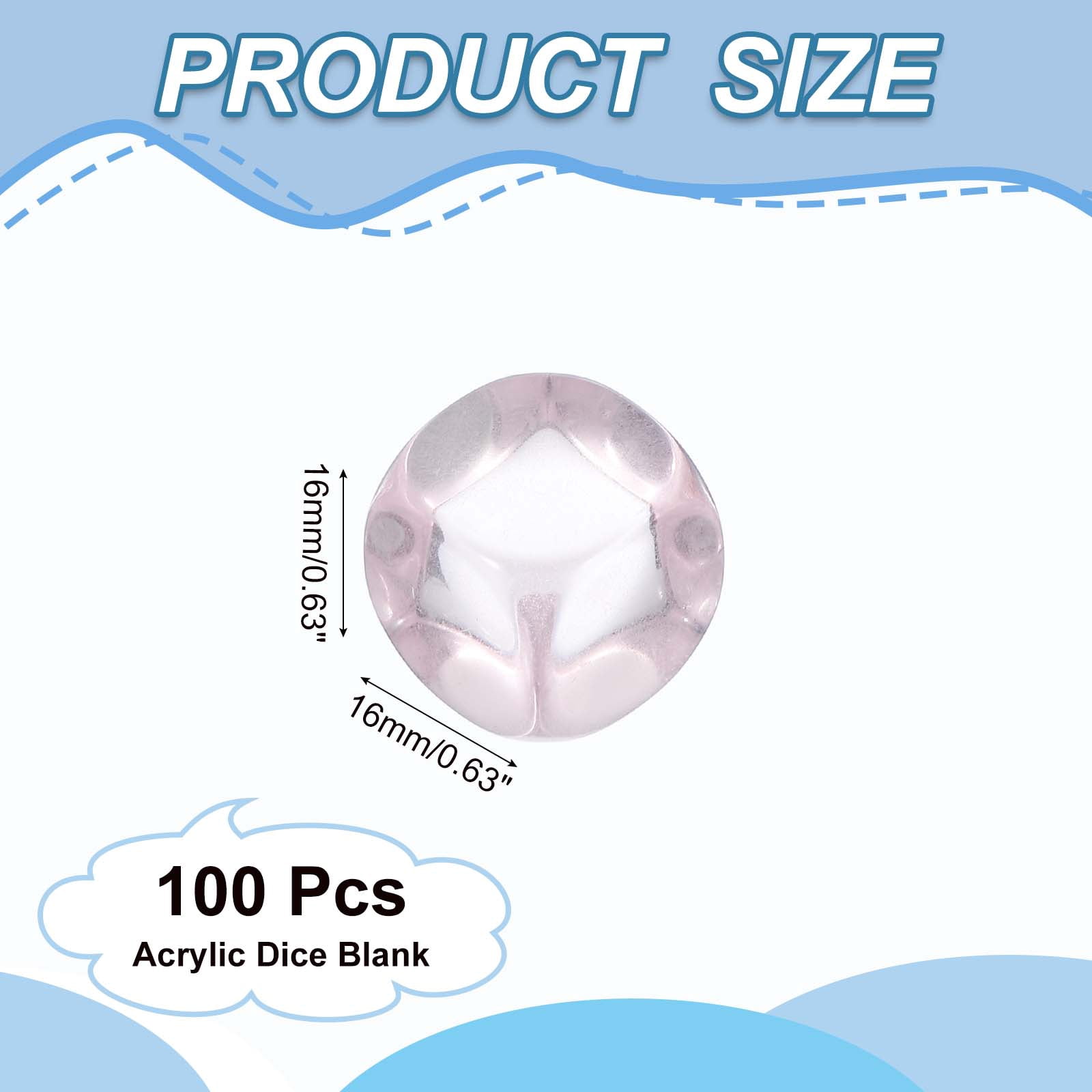 16 mm Clear Acrylic Dice Blank, 100 Pcs Rounded Corner Blank Dice with Smoothed Surface Six Sided for Board, Pink