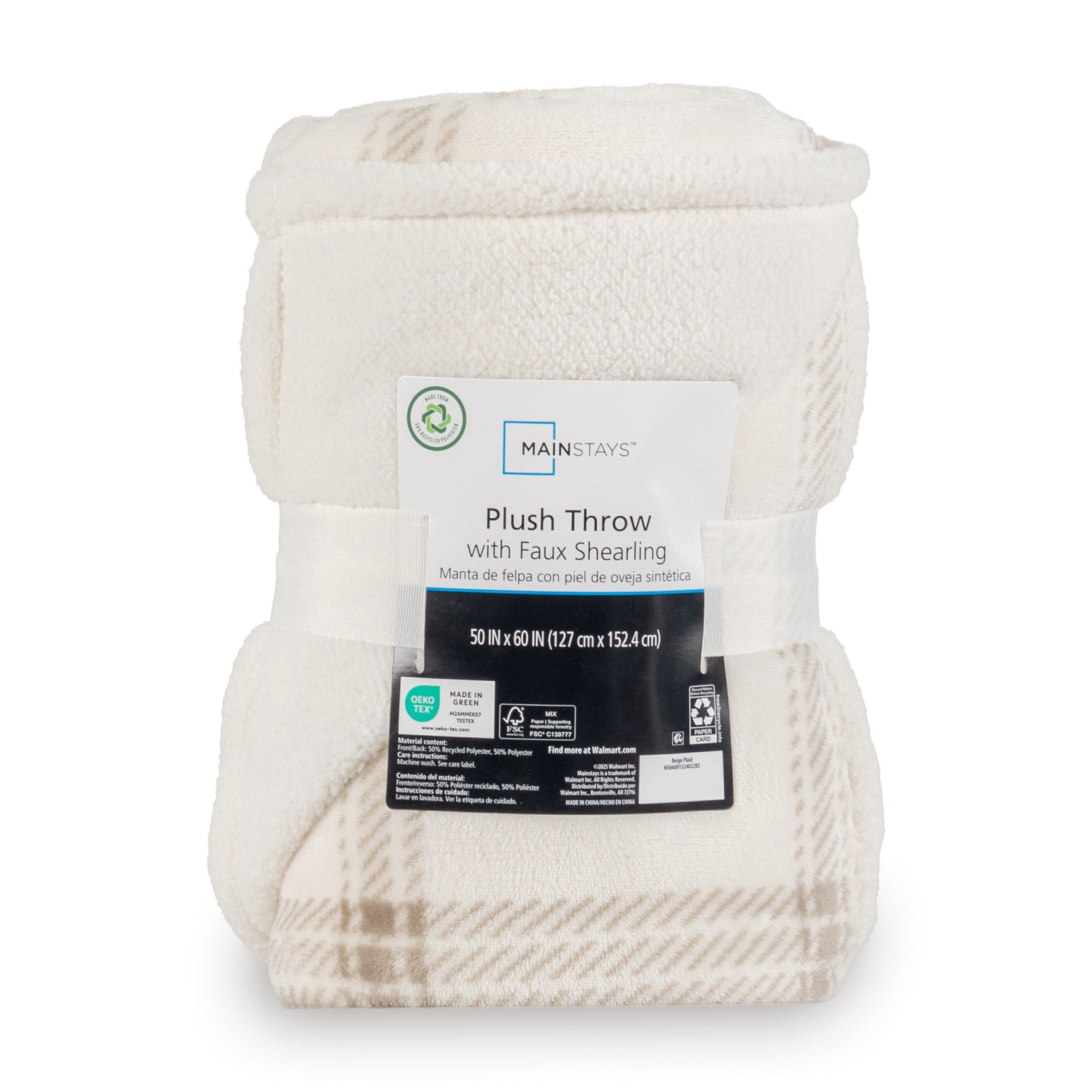 Mainstay Reversible Velvet Plush And Faux Shearling Throw Blanket, Beige Plaid, Standard