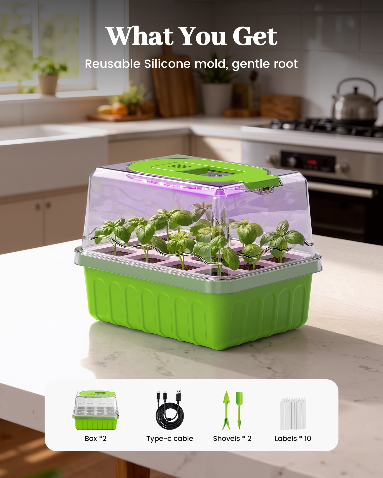 RainPoint 2PCS Seed Starting Tray with Grow Lights Humidity Dome – Reusable Germination Kit for Indoor Gardening, 12-Cell Plant Starter Tray with High-Transparency Cover & Easy Transplant Design
