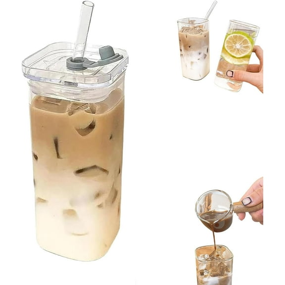 Square Glass Cups with Lids and Straws, 400ml/14oz Square Coffee Cups with Lids, Portable Clear Heat-Resistant Drinking Glass for Cocktail, Juice, Beer, and Coffee