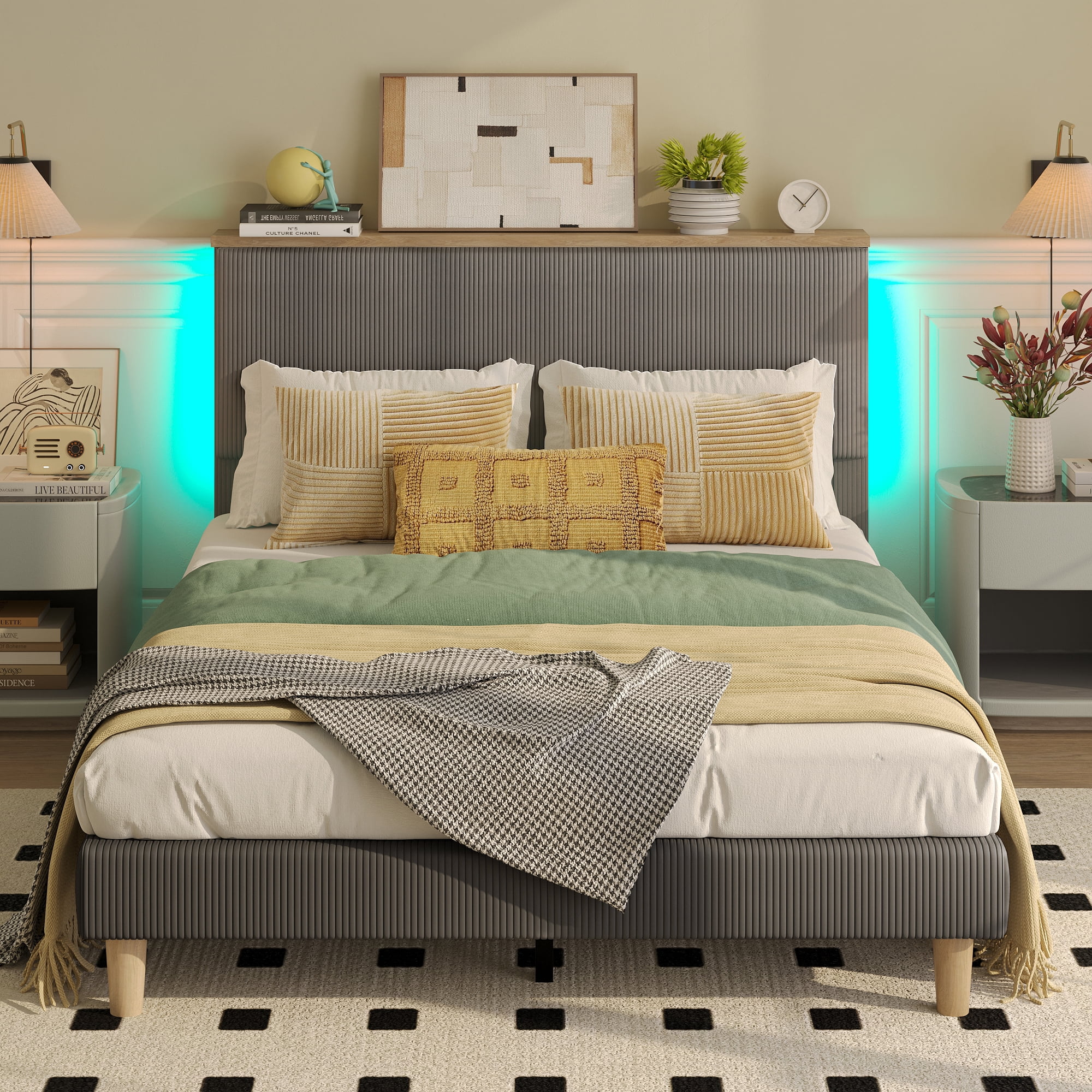 Bestier Full Size Bed Frame Upholstered Corduroy Platform Bed with LED Light & Adjustable Storage Headboard for Bedroom, Gray