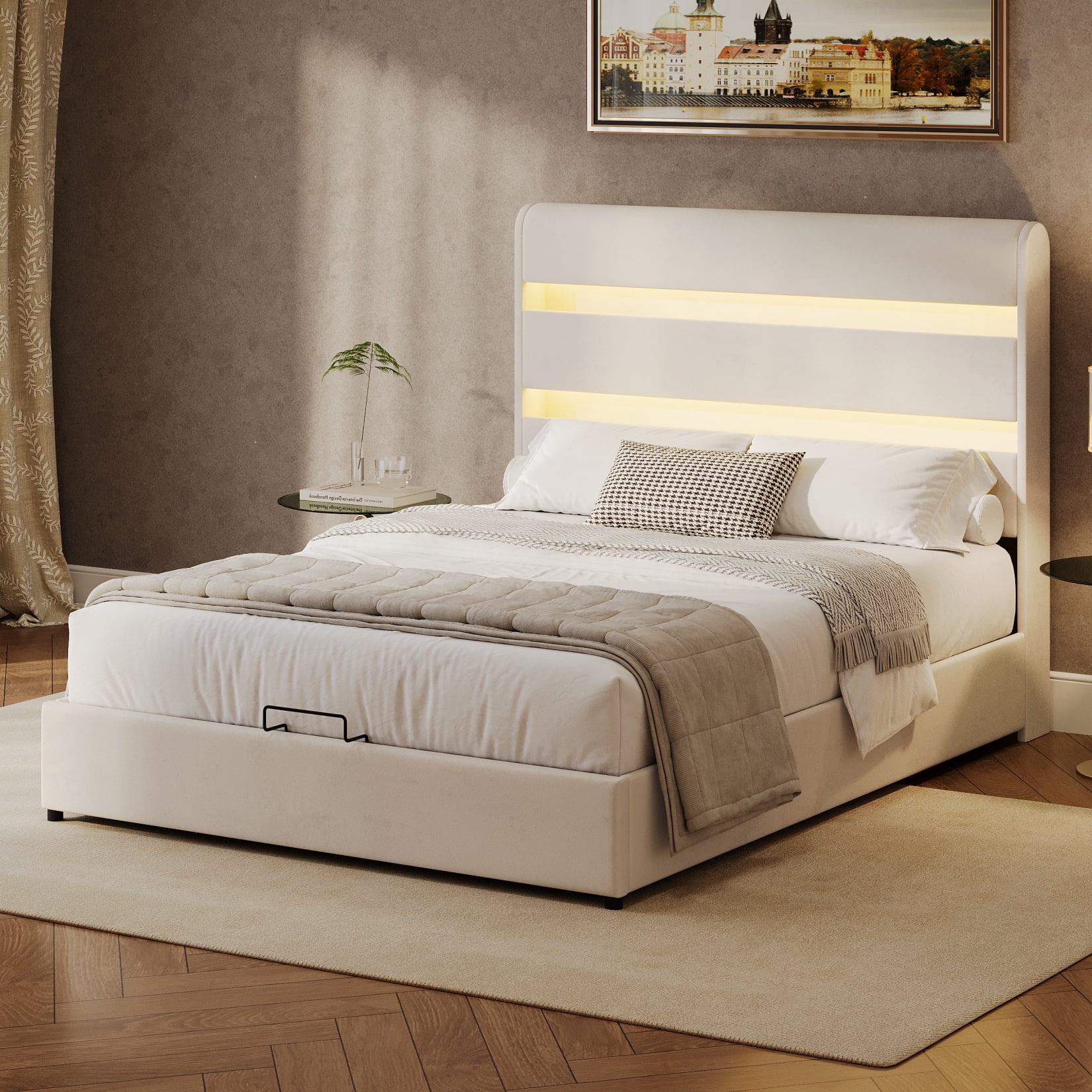 Full Size Lift Up Hydraulic Storage Bed with RGB LED Light, Velvet Upholstered Platform Bed Frame with Vertical Stripe Headboard and Footboard for Kids Teens Adults, No Box Spring Needed, Beige