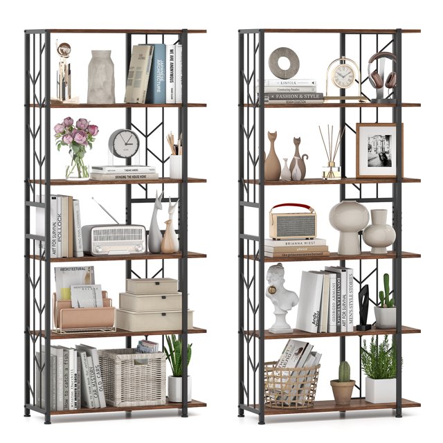 Gymax 2PCS 6-Tier Bookshelf w/Heavy-duty Metal Frame2 Anti-tipping Kits for Study Rustic Brown