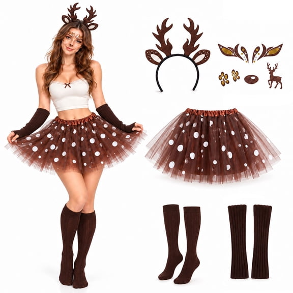 Bulex Reindeer Costume Accessories Set for Women, Adult Christmas Tutu Skirt with Reindeer Antlers Headband for Halloween Cosplay Xmas Outfits Party Dress‑Up