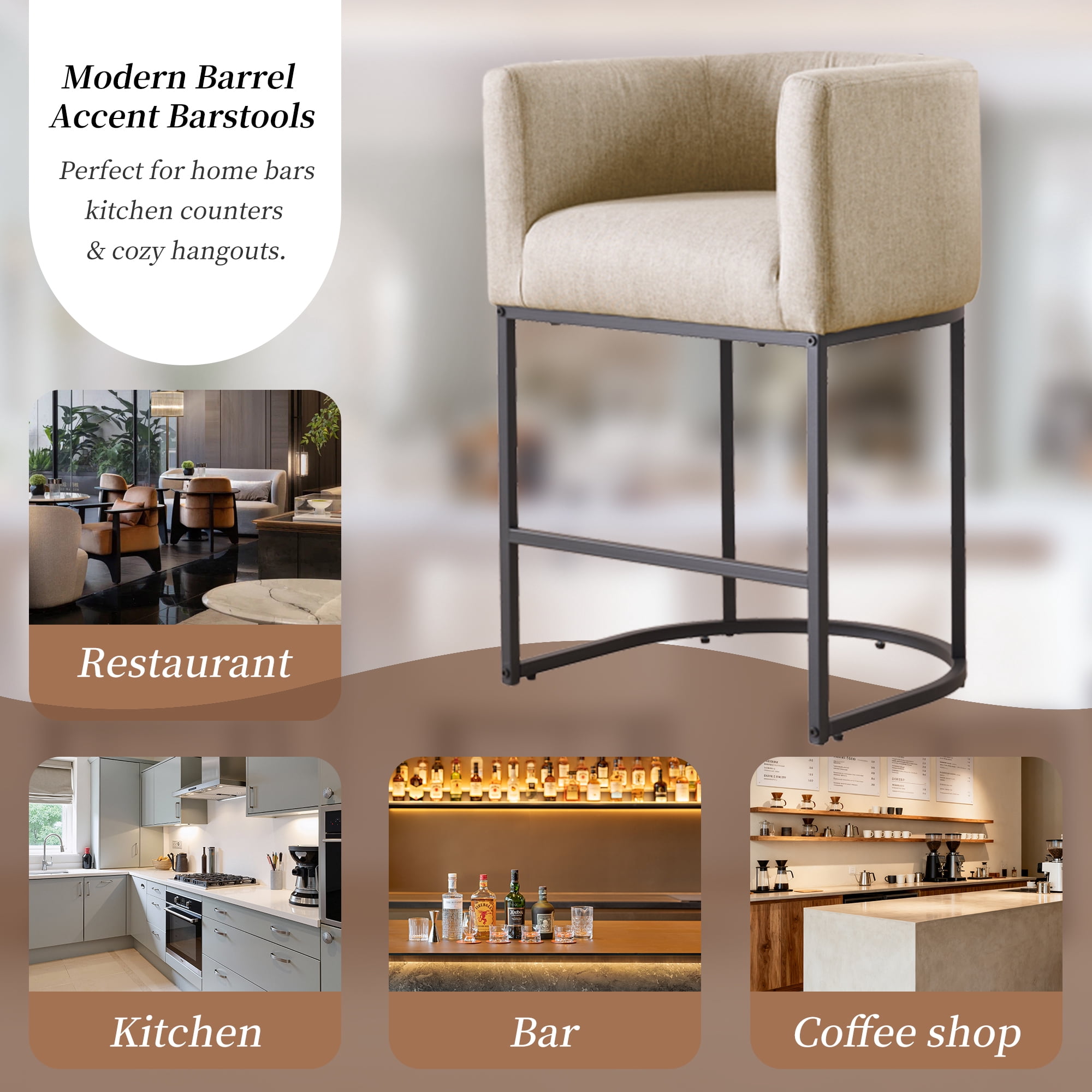 ClinQ Counter Height Bar Stool Set of 1, 26 in Fabric Upholstered Seat, Metal Legs for Indoor Dining Room and Kitchen Island, Camel