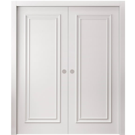 Sliding Double Pocket Doors 36 x 80 inches | CLASSIC 1189 White Enamel | Kit Rail Hardware | Solid Wood Interior Bedroom Doors