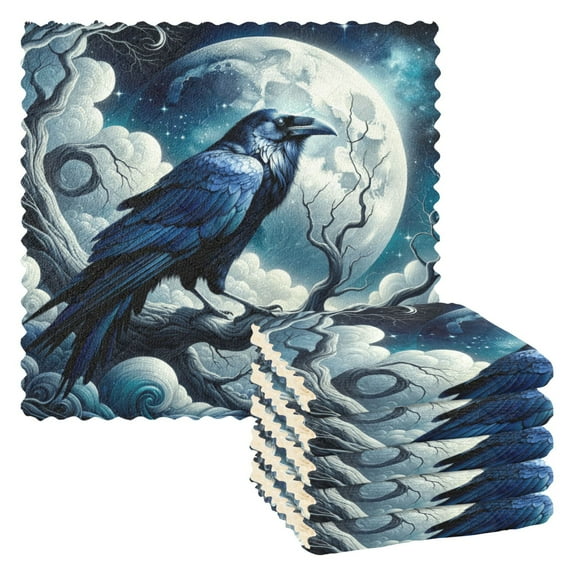 Kitchen Dish Towels Soft Absorbent Dish Cloths 11"x11" Crow on Branch with Moon 6 Packs