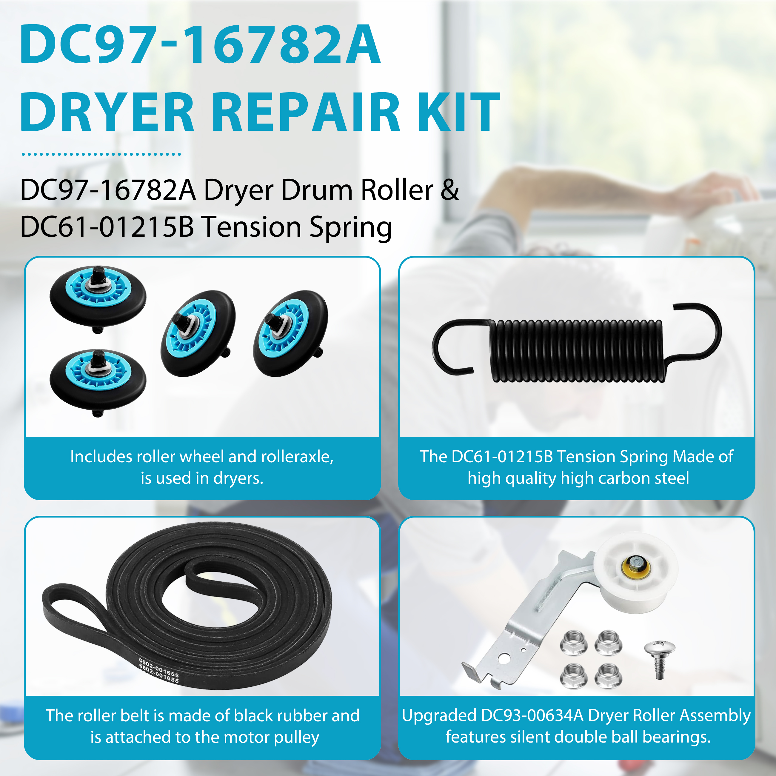 Beaquicy Upgraded Drum Roller Bearing Dryer Repair Kit DC97-16782A 6602-00165 Belt DC93-00634A Idler Pulley