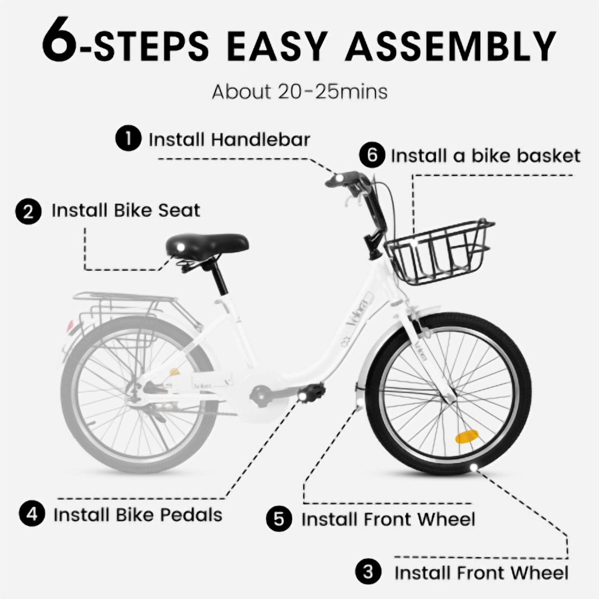 Tyethy 20" Princess Kids Girls Bike for 5-10 Years Old Child, Single Speed Steel Frame Bicycle with V-Brake, Fits Riders 4'1" - 4'8", White