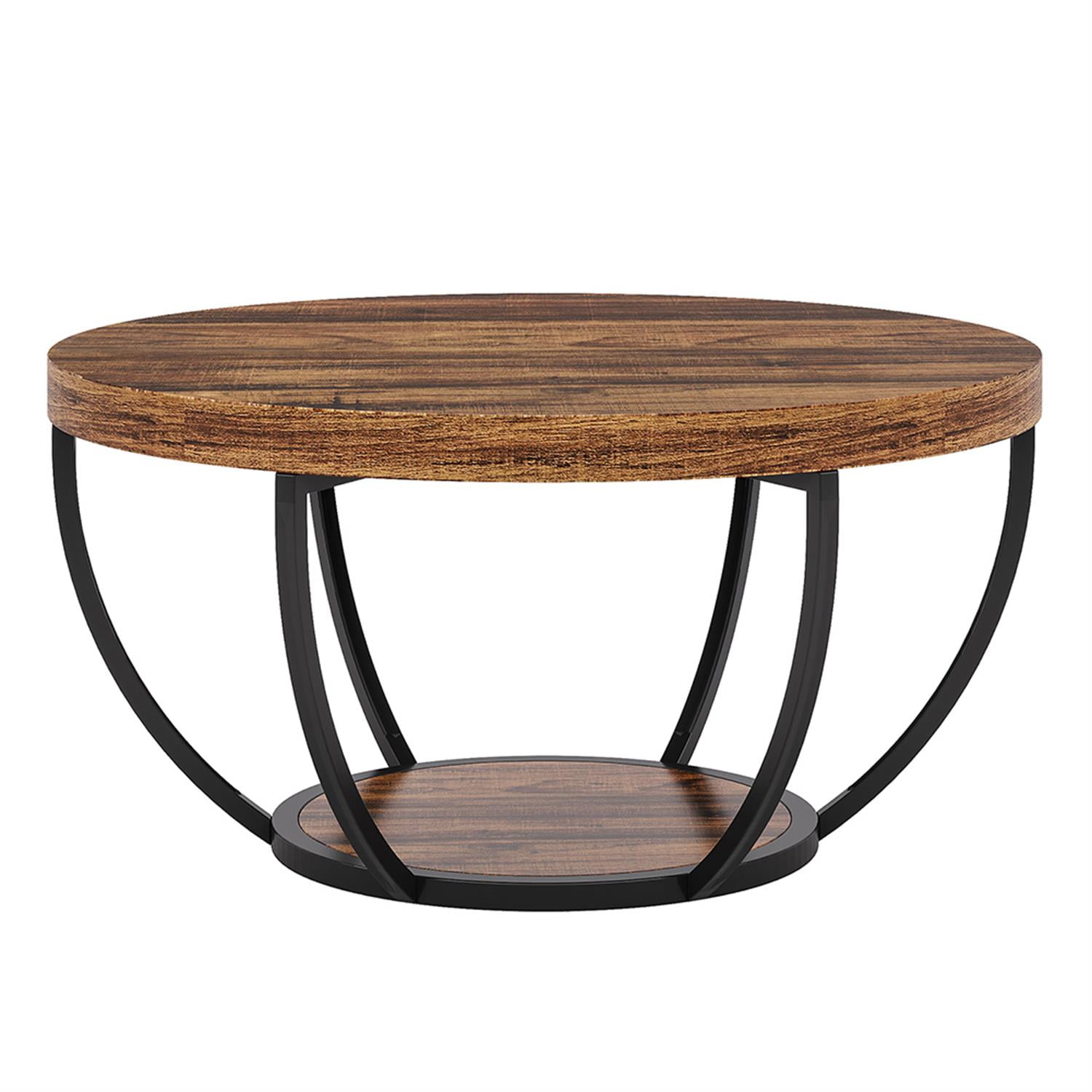Demi Bonn Wooden Coffee Table, 2-Tier Round Central Cocktail Table with Shelves for Living Room, Rustic Brown