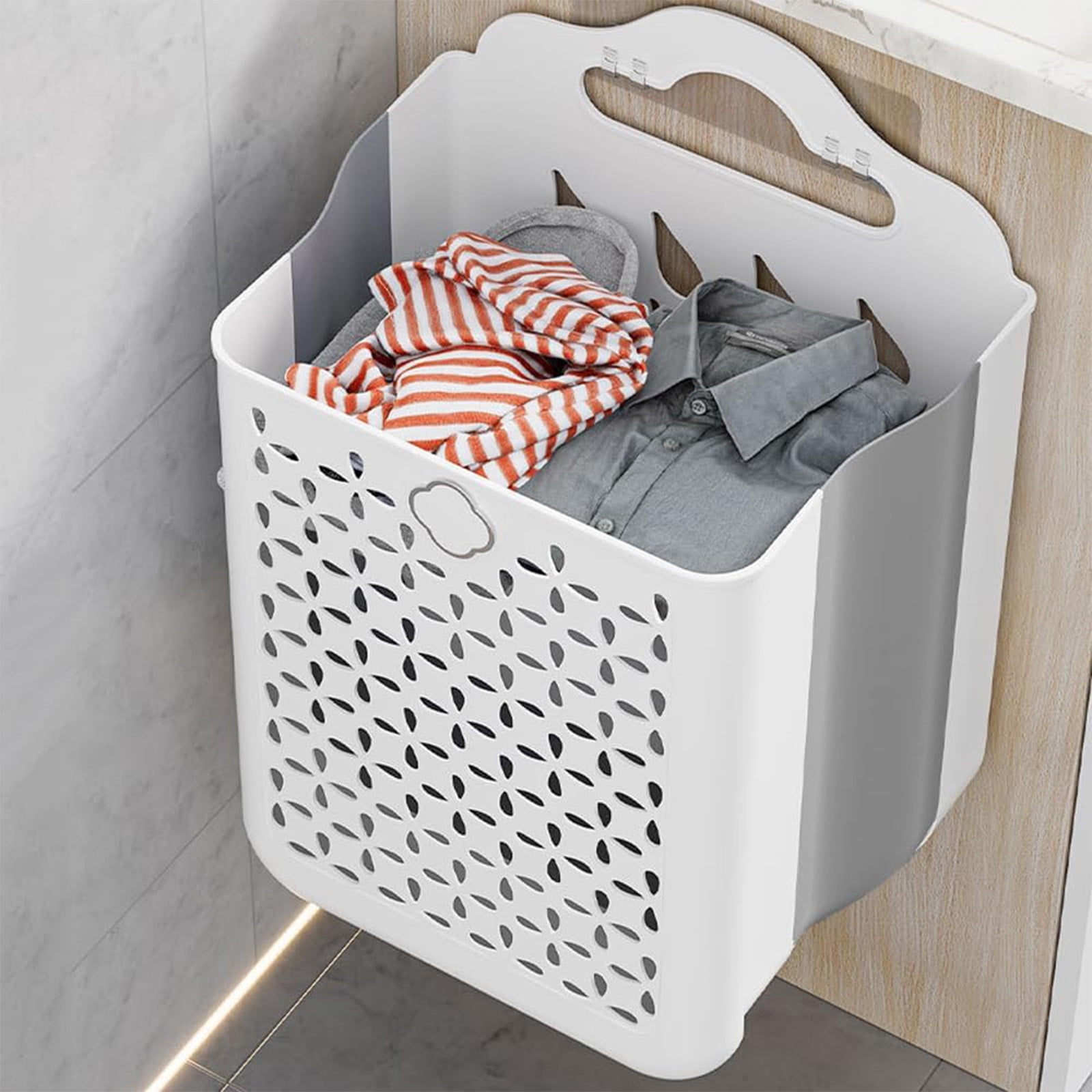 Kbndieu Collapsible Laundry Baskets, Wall-mounted Clothes Hampers for Laundry with Easy Carry Handle, Large Laundry Hamper for Bedroom, Bathroom, Dorm, Laundry Room, White