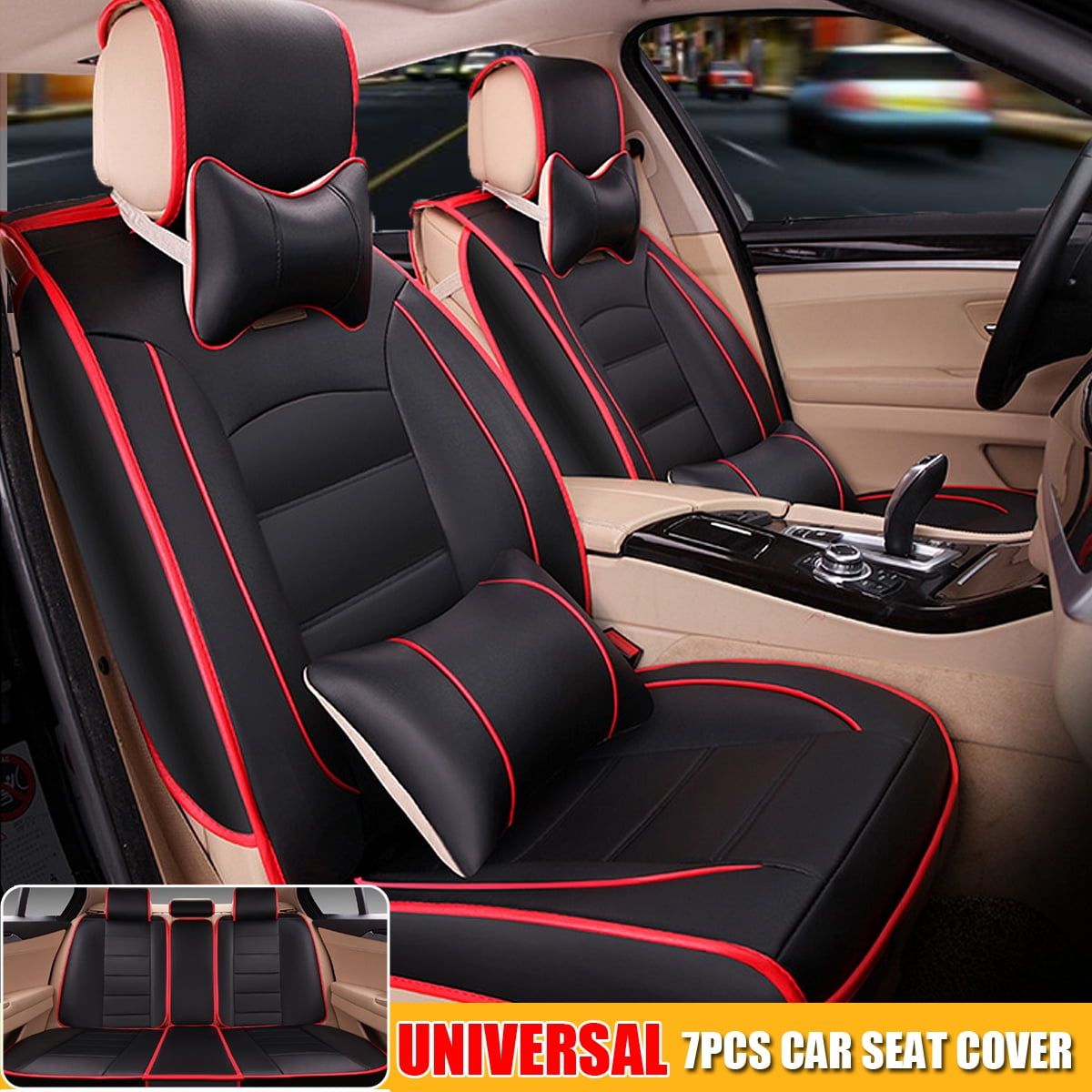 7Pcs PU Leather 5 Seats Car Seat Cover Front /& Rear Cushion Full Set W//Pillows
