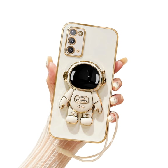 Annyojo Case for Samsung Galaxy Note 20 5G (ONLY - NOT Ultra) with 6D Astronaut Hidden Stand Holder Case Cover for Galaxy Note 20 5G Phone Case with Lanyard Strap Soft Shockproof Cover - White