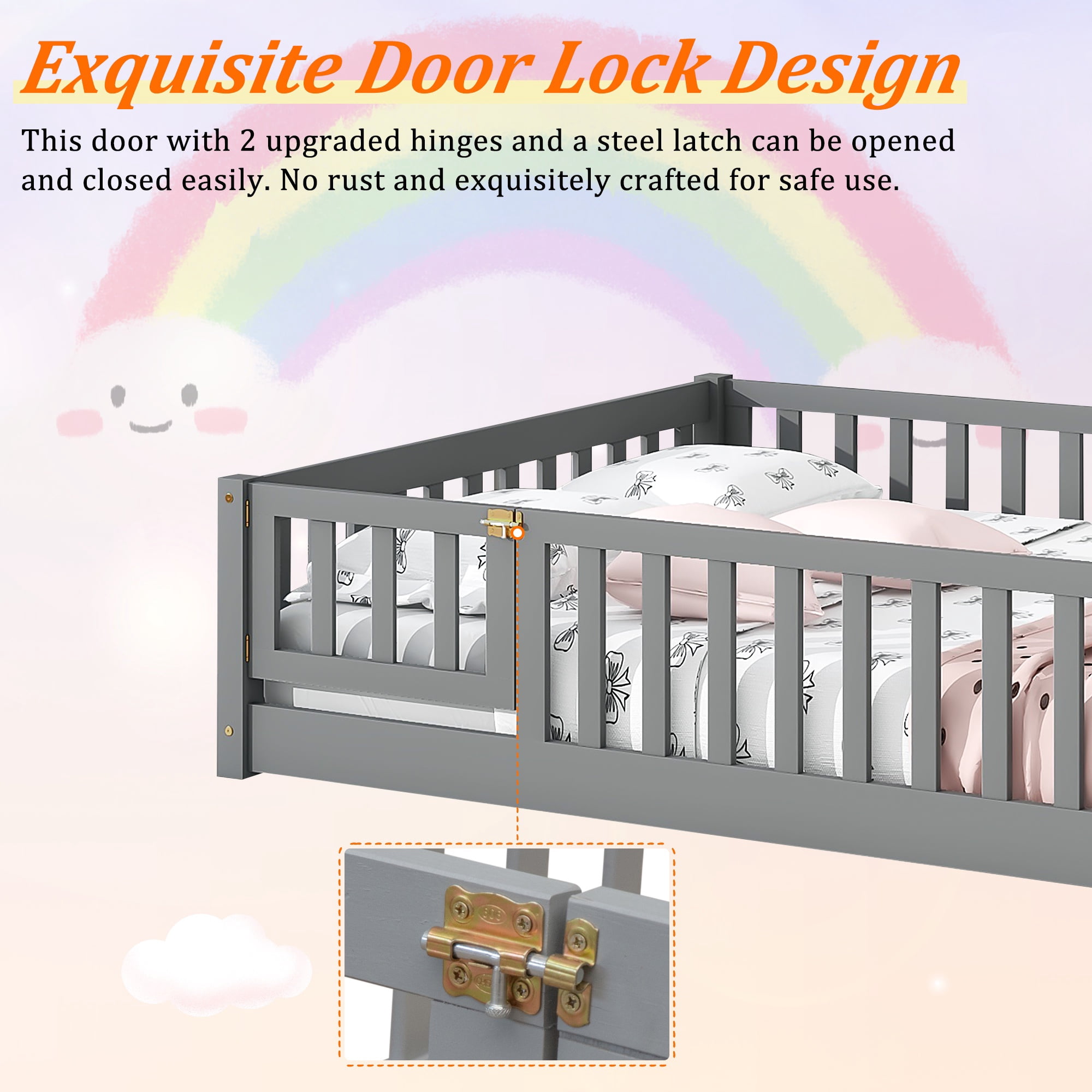 UHOMEPRO Twin Size Floor Bed with Fence and Door, Low Profile Montessori Floor Bed for Crib Transition, Solid Wood Cute Bed Frame with Slats Supports, Easy Assembly, No Box Spring Needed, Grey