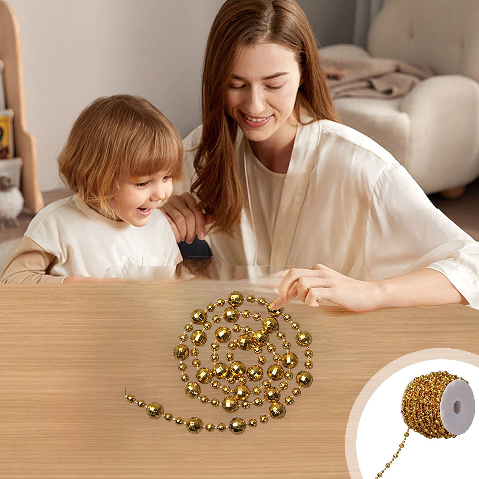 49 Feet Christmas Tree Beads Beaded Garland Strand Plastic Pearls Beads Garland Crystal Bead Roll for Christmas and Holiday Decorations (Gold)