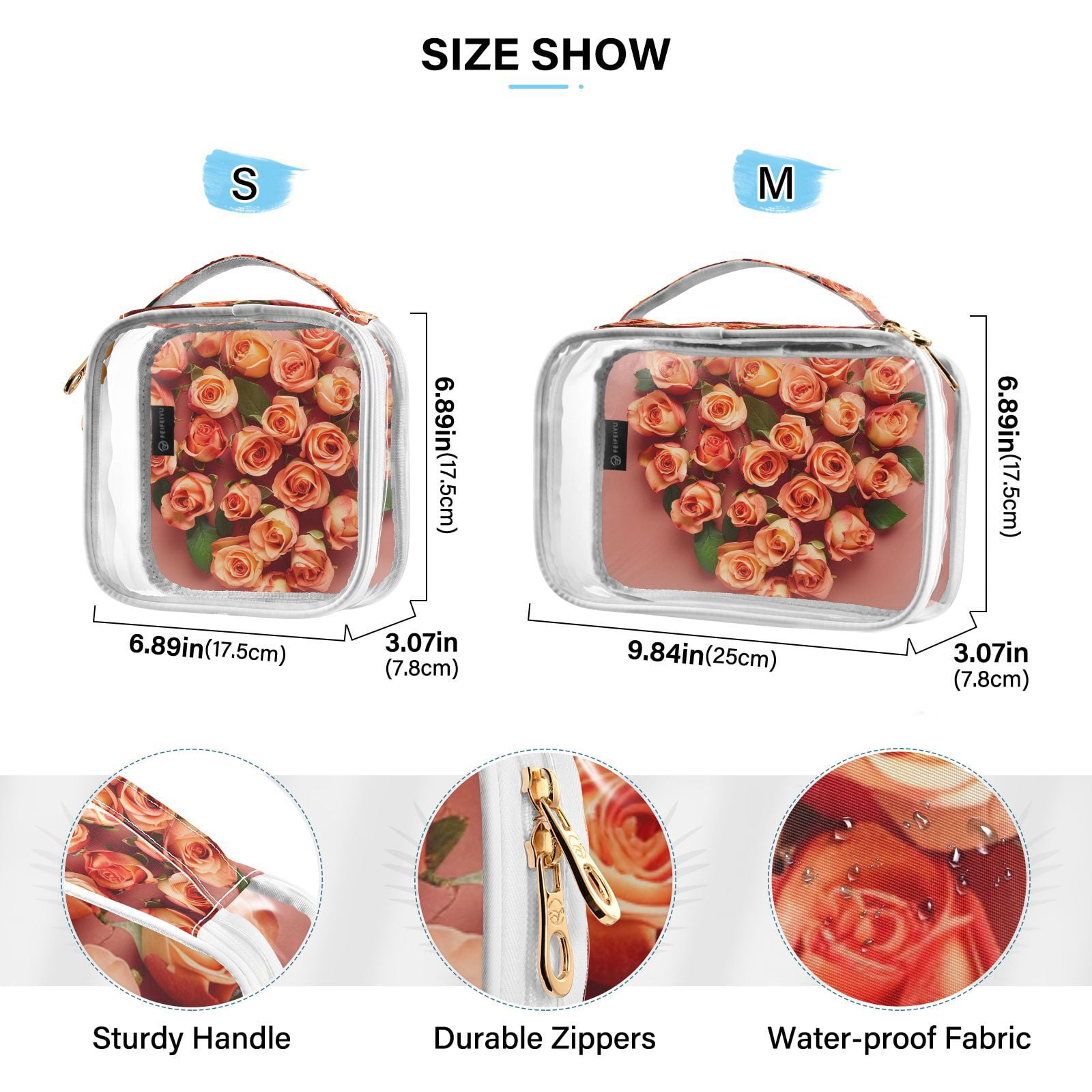 Clear Makeup Bags with Handle Large Opening 2 Pack Set Toiletry Bag Quart Size Bag, for Women Man Traveling Travel Essentials, Toiletries and Other. Roses Heart Shape