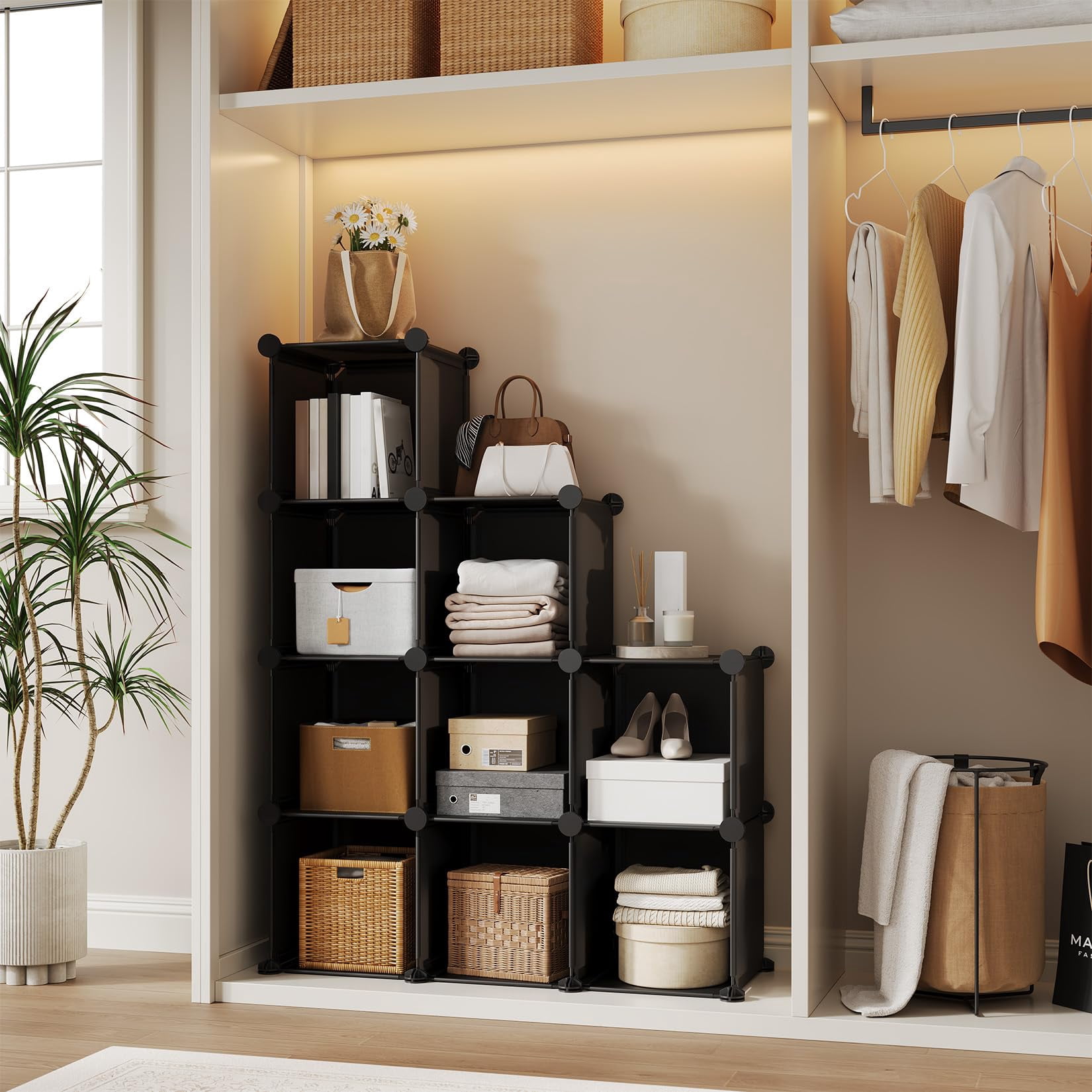 9 Cube Storage Organizer, DIY Modular Bookshelf & Closet Organizer, Plastic Stackable Shelving Cubes with Feet & Rubber Mallet