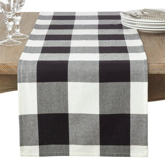 SARO 9025.BK1672B 16 x 72 in. Rectangle Cotton Table Runner with Buffalo Plaid Pattern  Black