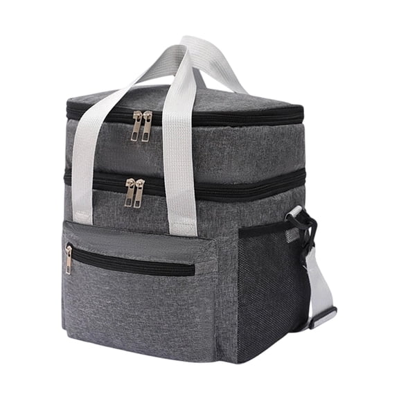 Gray Insulated Lunch Tote, Thick Thermal Layer Keeps Food Hot or Cold, Dual Compartments with Adjustable Shoulder Strap for Work, Picnic or Day Trip