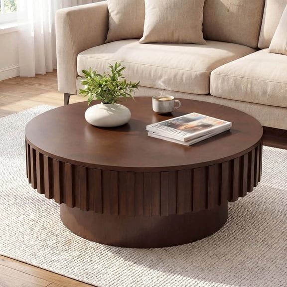 DRAZUNO Round Coffee Table with Storage, Wooden Drum Coffee Table w/ Hidden Compartment