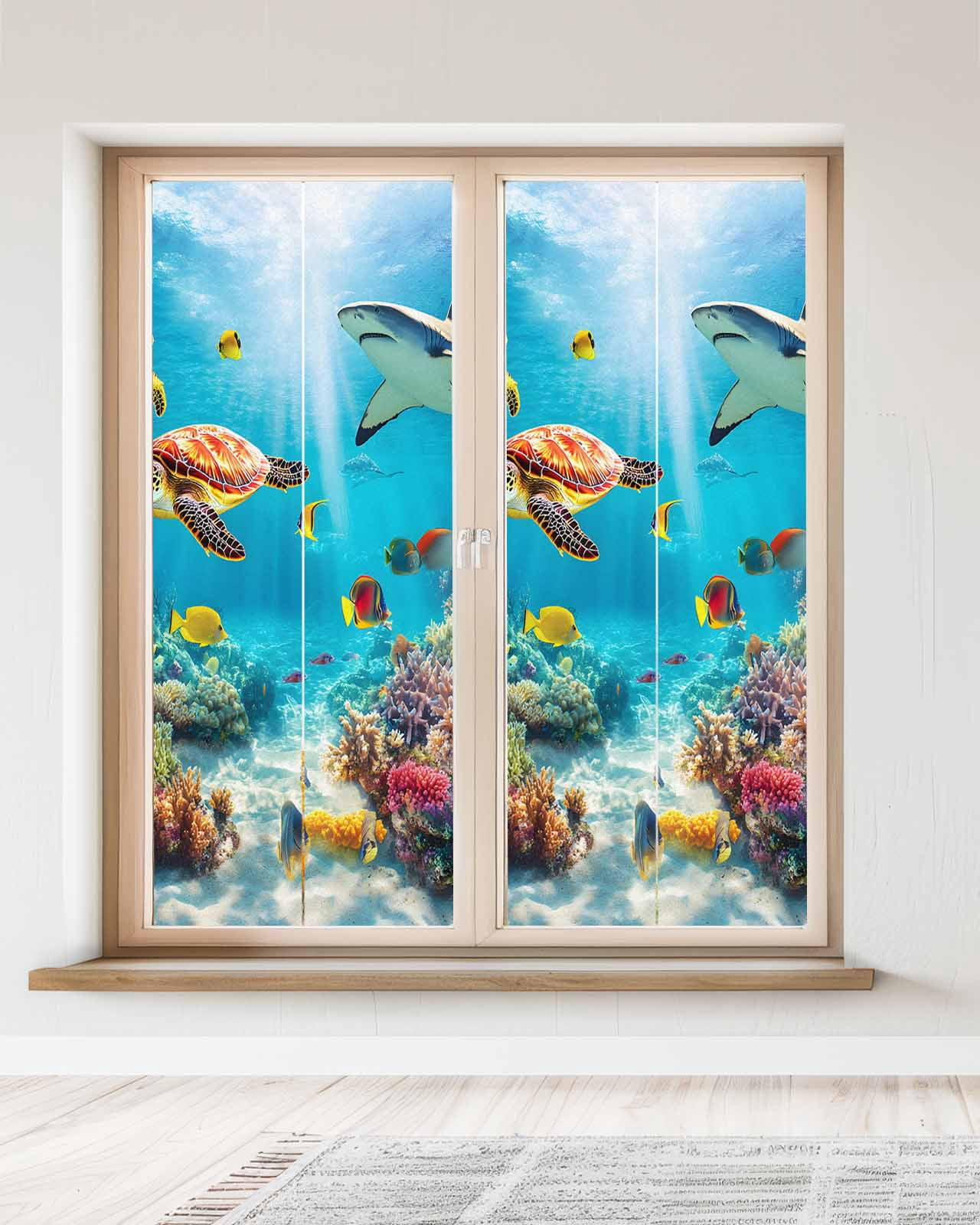 Window Privacy Film Turtle Stained Glass Window Film Decorative Sun Block Window Cover Shark Ocean Coral Underwater Scenery Sea Window Clings Static Adhesive Sticker for Bathroom 23.6"x59"
